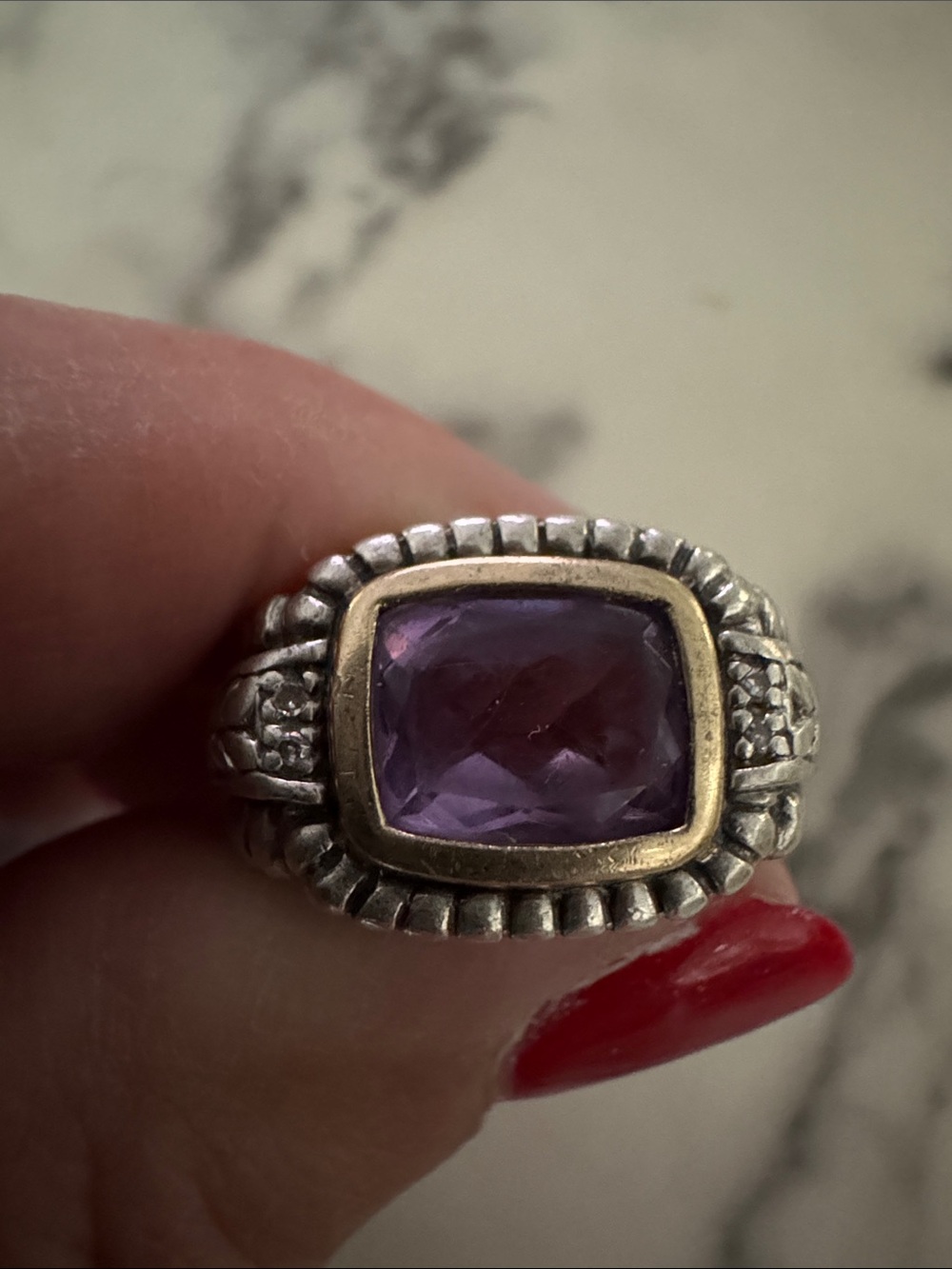 T&C 925 Sterling 14k Vintage Style Ring with Bezel Set Purple Stone - Picture 4 of 7